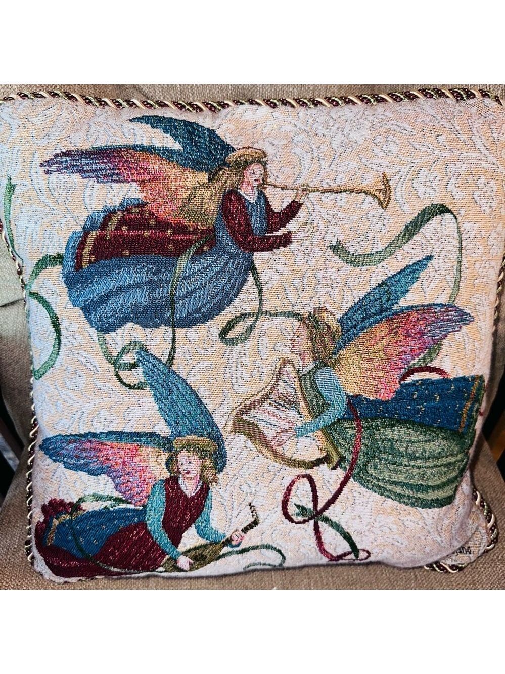 Vintage Angel Tapestry Pillow Square Decorative Throw Musical Harp Horn AGC Inc